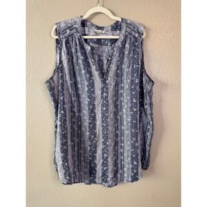 Como Blu Women's 3X Blue Sleeveless V-Neck Top Lightweight Boho Stripe Floral